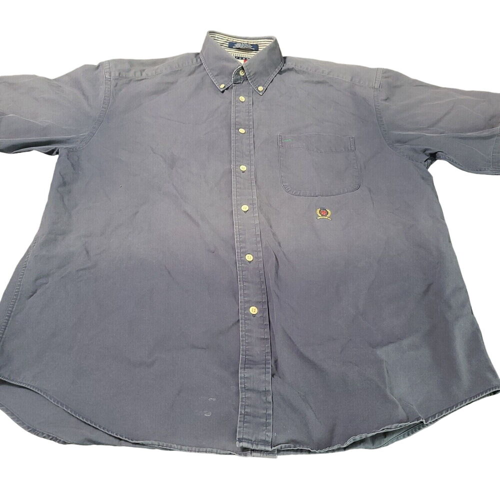 Tommy Hilfiger Mens Button Up Shirt Gray Size Large Cotton Short Sleeve Collar